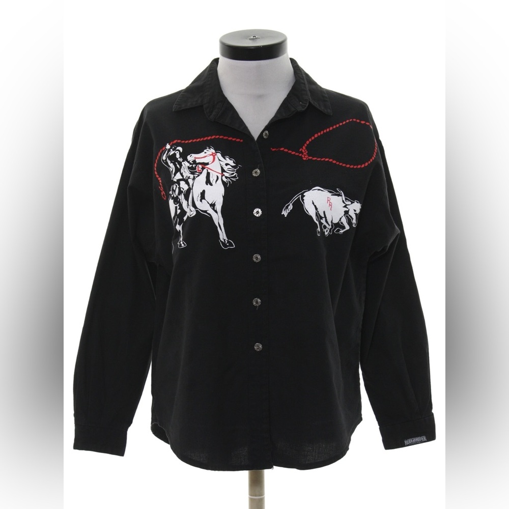 vintage • 80s roughrider black cotton western shirt cowboy roping tapered fit